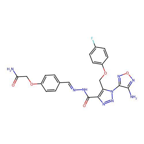 (E)-2-(4-((2-(1-(4-amino-1,2,5-oxadiazol-3-yl)-5-((4-fluorophenoxy)methyl)-1H-1,2,3-triazole-4-carbonyl)hydrazono)methyl)phenoxy)acetamide structure