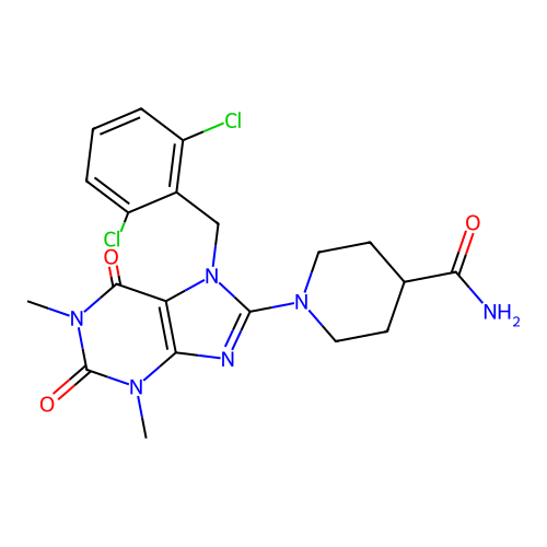 1-(7-(2,6-dichlorobenzyl)-1,3-dimethyl-2,6-dioxo-2,3,6,7-tetrahydro-1H-purin-8-yl)piperidine-4-carboxamide structure