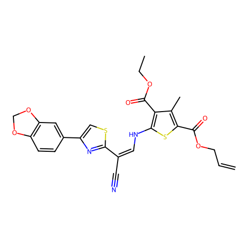 (Z)-2-allyl 4-ethyl 5-((2-(4-(benzo[d][1,3]dioxol-5-yl)thiazol-2-yl)-2-cyanovinyl)amino)-3-methylthiophene-2,4-dicarboxylate structure