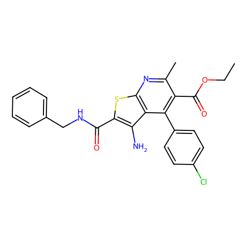 ethyl 3-amino-2-(benzylcarbamoyl)-4-(4-chlorophenyl)-6-methylthieno[2,3-b]pyridine-5-carboxylate structure