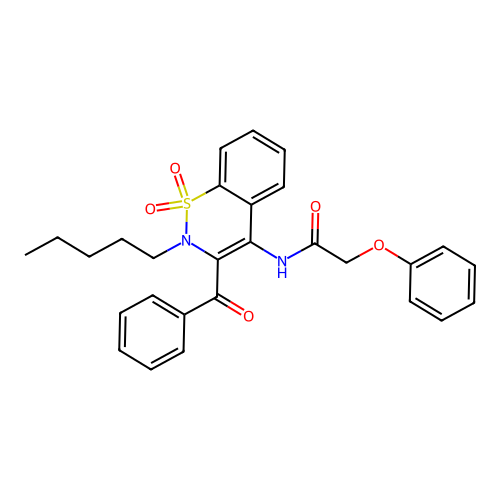 N-(3-benzoyl-1,1-dioxido-2-pentyl-2H-1,2-benzothiazin-4-yl)-2-phenoxyacetamide structure