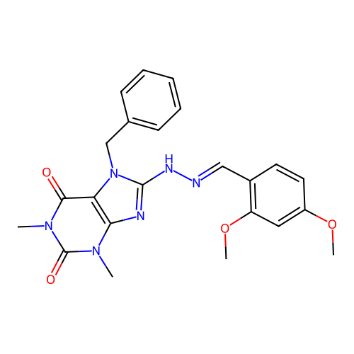 (E)-7-benzyl-8-(2-(2,4-dimethoxybenzylidene)hydrazinyl)-1,3-dimethyl-1H-purine-2,6(3H,7H)-dione structure