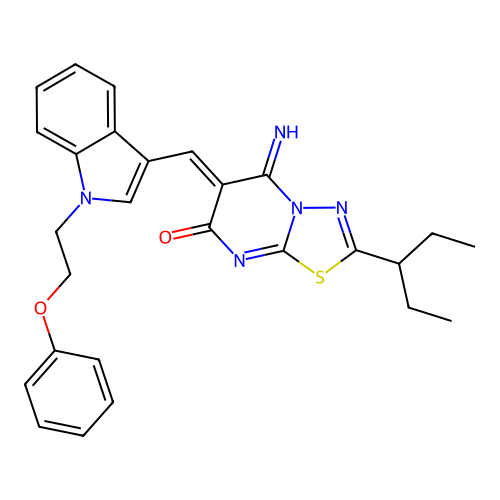 (Z)-5-imino-2-(pentan-3-yl)-6-((1-(2-phenoxyethyl)-1H-indol-3-yl)methylene)-5H-[1,3,4]thiadiazolo[3,2-a]pyrimidin-7(6H)-one structure