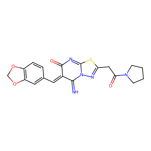(6Z)-6-(1,3-benzodioxol-5-ylmethylidene)-5-imino-2-(2-oxo-2-pyrrolidin-1-ylethyl)-[1,3,4]thiadiazolo[3,2-a]pyrimidin-7-one structure