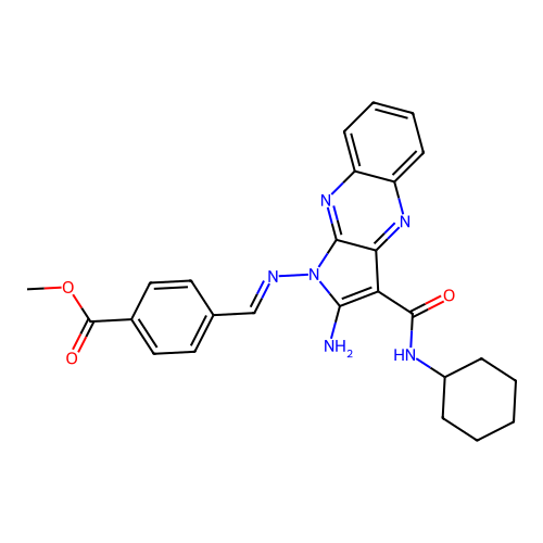 (E)-methyl 4-(((2-amino-3-(cyclohexylcarbamoyl)-1H-pyrrolo[2,3-b]quinoxalin-1-yl)imino)methyl)benzoate structure