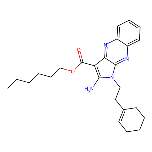 hexyl 2-amino-1-(2-(cyclohex-1-en-1-yl)ethyl)-1H-pyrrolo[2,3-b]quinoxaline-3-carboxylate structure