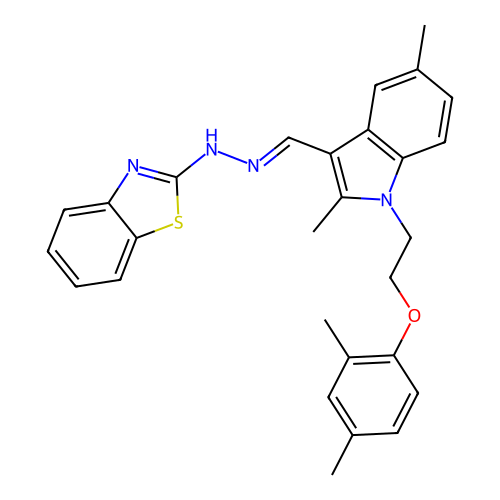 (2Z)-2-[(2E)-({1-[2-(2,4-dimethylphenoxy)ethyl]-2,5-dimethyl-1H-indol-3-yl}methylidene)hydrazinylidene]-2,3-dihydro-1,3-benzothiazole structure
