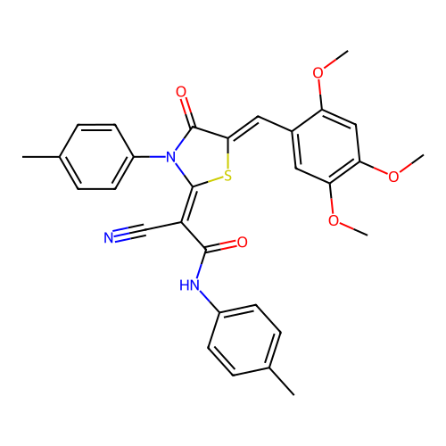 (Z)-2-cyano-2-((Z)-4-oxo-3-(p-tolyl)-5-(2,4,5-trimethoxybenzylidene)thiazolidin-2-ylidene)-N-(p-tolyl)acetamide structure