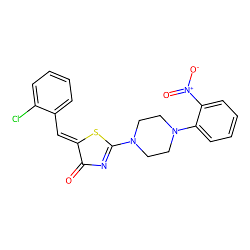 (5Z)-5-(2-chlorobenzylidene)-2-[4-(2-nitrophenyl)piperazin-1-yl]-1,3-thiazol-4(5H)-one structure