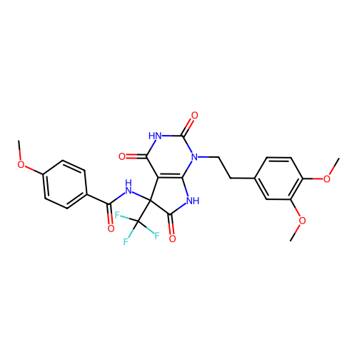 N-(1-(3,4-dimethoxyphenethyl)-2,4,6-trioxo-5-(trifluoromethyl)-2,3,4,5,6,7-hexahydro-1H-pyrrolo[2,3-d]pyrimidin-5-yl)-4-methoxybenzamide structure
