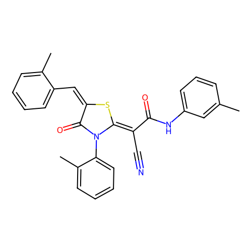 (2Z)-2-cyano-2-[(5E)-5-(2-methylbenzylidene)-3-(2-methylphenyl)-4-oxo-1,3-thiazolidin-2-ylidene]-N-(3-methylphenyl)ethanamide structure