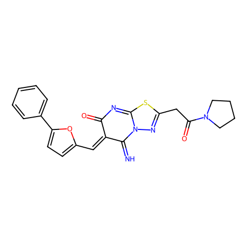 (6Z)-5-imino-2-(2-oxo-2-pyrrolidin-1-ylethyl)-6-[(5-phenylfuran-2-yl)methylidene]-[1,3,4]thiadiazolo[3,2-a]pyrimidin-7-one structure