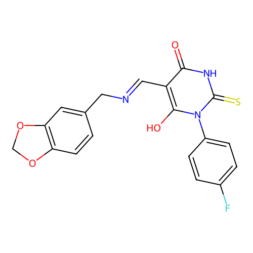 (5E)-5-[(1,3-benzodioxol-5-ylmethylamino)methylidene]-1-(4-fluorophenyl)-2-sulfanylidene-1,3-diazinane-4,6-dione structure