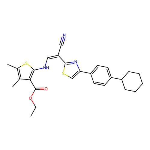 (Z)-ethyl 2-((2-cyano-2-(4-(4-cyclohexylphenyl)thiazol-2-yl)vinyl)amino)-4,5-dimethylthiophene-3-carboxylate structure