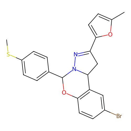 1-[2-bromo-9-(5-methyl(2-furyl))(6H,10aH-benzo[e]2-pyrazolino[1,5-c]1,3-oxazin -6-yl)]-4-methylthiobenzene structure