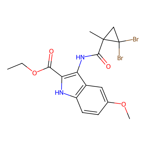 ethyl 3-(2,2-dibromo-1-methylcyclopropanecarboxamido)-5-methoxy-1H-indole-2-carboxylate structure