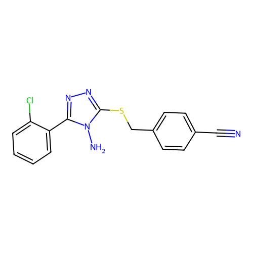 4-(((4-amino-5-(2-chlorophenyl)-4H-1,2,4-triazol-3-yl)thio)methyl)benzonitrile structure