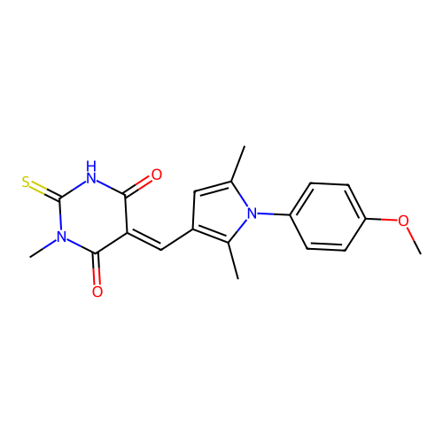 (5E)-5-{[1-(4-methoxyphenyl)-2,5-dimethyl-1H-pyrrol-3-yl]methylidene}-1-methyl-2-thioxodihydropyrimidine-4,6(1H,5H)-dione structure
