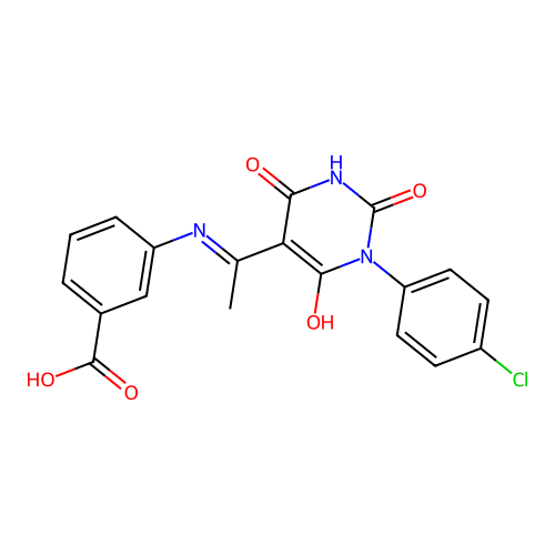 3-[1-[1-(4-chlorophenyl)-2,4,6-trioxo-1,3-diazinan-5-ylidene]ethylamino]benzoic Acid structure