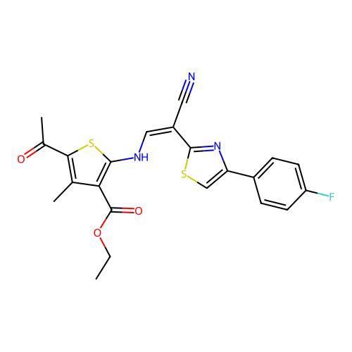 (Z)-ethyl 5-acetyl-2-((2-cyano-2-(4-(4-fluorophenyl)thiazol-2-yl)vinyl)amino)-4-methylthiophene-3-carboxylate structure