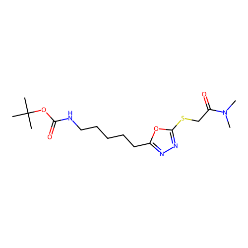 tert-butyl (5-(5-((2-(dimethylamino)-2-oxoethyl)thio)-1,3,4-oxadiazol-2-yl)pentyl)carbamate structure
