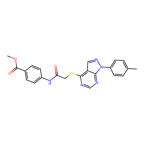 methyl 4-(2-((1-(p-tolyl)-1H-pyrazolo[3,4-d]pyrimidin-4-yl)thio)acetamido)benzoate structure