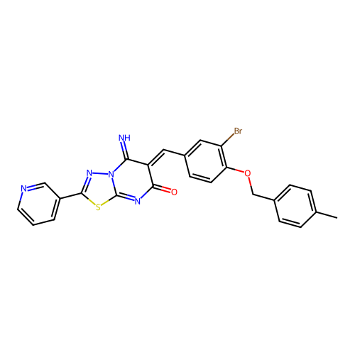(6Z)-6-[[3-bromo-4-[(4-methylphenyl)methoxy]phenyl]methylidene]-5-imino-2-pyridin-3-yl-[1,3,4]thiadiazolo[3,2-a]pyrimidin-7-one structure