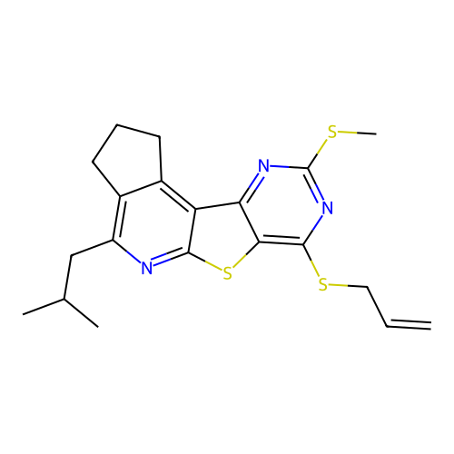 4-(2-methylpropyl)-9-(methylsulfanyl)-7-(prop-2-en-1-ylsulfanyl)-2,3-dihydro-1H-cyclopenta[4',5']pyrido[3',2':4,5]thieno[3,2-d]pyrimidine structure