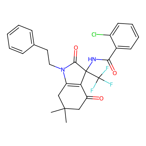 2-chloro-N-[6,6-dimethyl-2,4-dioxo-1-(2-phenylethyl)-3-(trifluoromethyl)-2,3,4,5,6,7-hexahydro-1H-indol-3-yl]benzamide structure