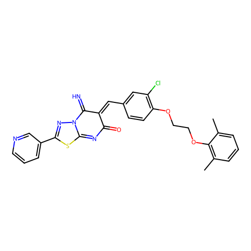(6Z)-6-[[3-chloro-4-[2-(2,6-dimethylphenoxy)ethoxy]phenyl]methylidene]-5-imino-2-pyridin-3-yl-[1,3,4]thiadiazolo[3,2-a]pyrimidin-7-one structure