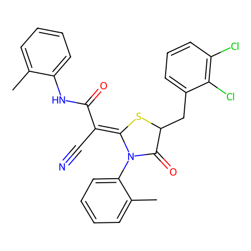 (2Z)-2-cyano-2-[5-(2,3-dichlorobenzyl)-3-(2-methylphenyl)-4-oxo-1,3-thiazolidin-2-ylidene]-N-(2-methylphenyl)ethanamide structure
