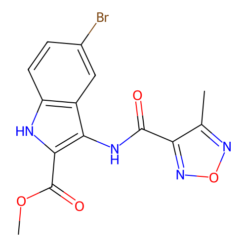 methyl 5-bromo-3-(4-methyl-1,2,5-oxadiazole-3-carboxamido)-1H-indole-2-carboxylate structure