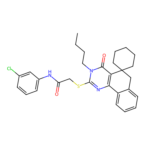 2-((3-butyl-4-oxo-4,6-dihydro-3H-spiro[benzo[h]quinazoline-5,1'-cyclohexan]-2-yl)thio)-N-(3-chlorophenyl)acetamide structure