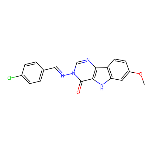 (E)-3-((4-chlorobenzylidene)amino)-7-methoxy-3H-pyrimido[5,4-b]indol-4(5H)-one structure