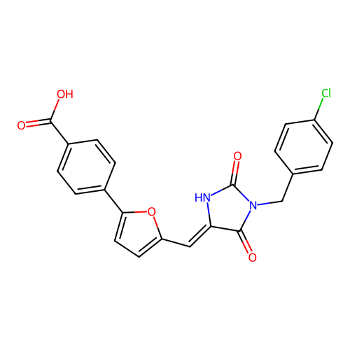 (Z)-4-(5-((1-(4-chlorobenzyl)-2,5-dioxoimidazolidin-4-ylidene)methyl)furan-2-yl)benzoic acid structure