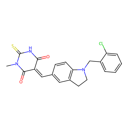 (5E)-5-[[1-[(2-chlorophenyl)methyl]-2,3-dihydroindol-5-yl]methylidene]-1-methyl-2-sulfanylidene-1,3-diazinane-4,6-dione structure