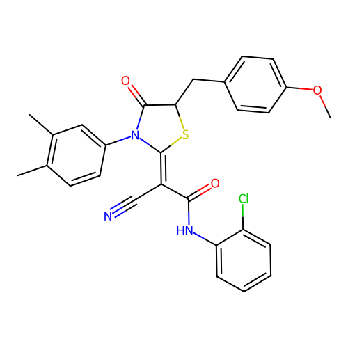 (2Z)-N-(2-chlorophenyl)-2-cyano-2-[3-(3,4-dimethylphenyl)-5-(4-methoxybenzyl)-4-oxo-1,3-thiazolidin-2-ylidene]ethanamide structure