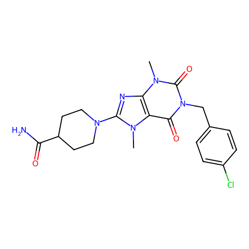 1-[1-[(4-chlorophenyl)methyl]-3,7-dimethyl-2,6-dioxopurin-8-yl]piperidine-4-carboxamide structure