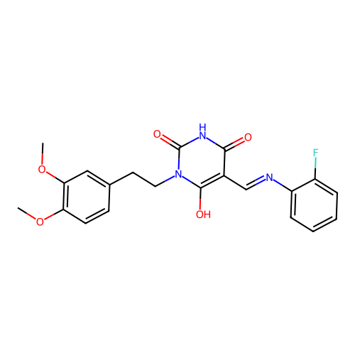 (5E)-1-[2-(3,4-dimethoxyphenyl)ethyl]-5-[(2-fluoroanilino)methylidene]-1,3-diazinane-2,4,6-trione structure
