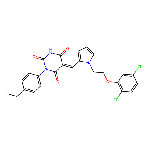 (5E)-5-({1-[2-(2,5-dichlorophenoxy)ethyl]-1H-pyrrol-2-yl}methylidene)-3-(4-ethylphenyl)-6-hydroxypyrimidine-2,4(3H,5H)-dione structure