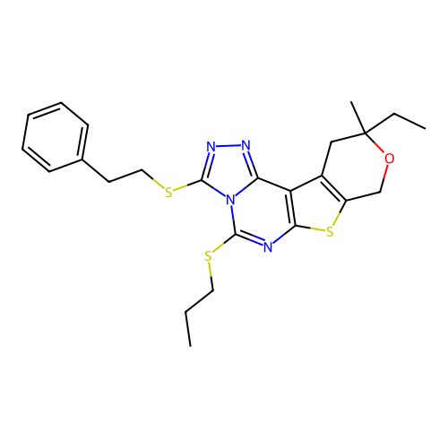 10-ethyl-10-methyl-3-(phenethylthio)-5-(propylthio)-10,11-dihydro-8H-pyrano[4',3':4,5]thieno[3,2-e][1,2,4]triazolo[4,3-c]pyrimidine structure