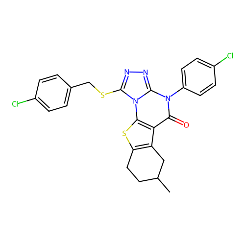 1-((4-chlorobenzyl)thio)-4-(4-chlorophenyl)-7-methyl-6,7,8,9-tetrahydrobenzo[4,5]thieno[3,2-e][1,2,4]triazolo[4,3-a]pyrimidin-5(4H)-one structure