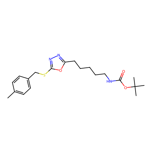 tert-butyl (5-(5-((4-methylbenzyl)thio)-1,3,4-oxadiazol-2-yl)pentyl)carbamate structure