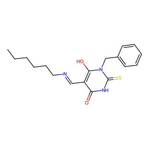 (5E)-1-benzyl-5-[(hexylamino)methylidene]-2-sulfanylpyrimidine-4,6(1H,5H)-dione structure