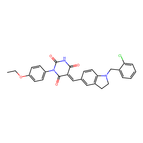(5E)-5-[[1-[(2-chlorophenyl)methyl]-2,3-dihydroindol-5-yl]methylidene]-1-(4-ethoxyphenyl)-1,3-diazinane-2,4,6-trione structure