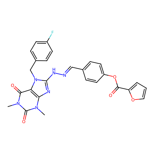 (E)-4-((2-(7-(4-fluorobenzyl)-1,3-dimethyl-2,6-dioxo-2,3,6,7-tetrahydro-1H-purin-8-yl)hydrazono)methyl)phenyl furan-2-carboxylate structure