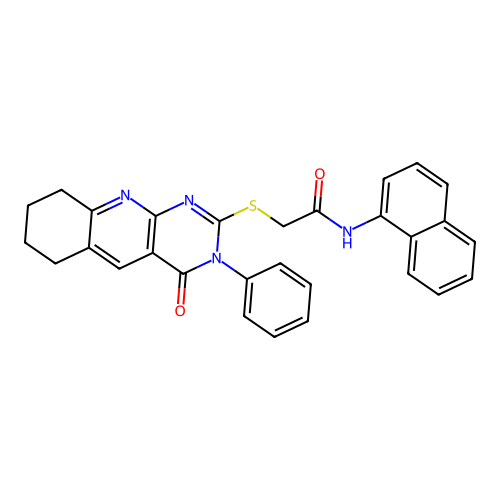 N-(naphthalen-1-yl)-2-((4-oxo-3-phenyl-3,4,6,7,8,9-hexahydropyrimido[4,5-b]quinolin-2-yl)thio)acetamide structure