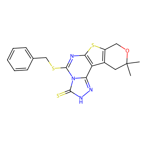 5-(benzylsulfanyl)-10,10-dimethyl-10,11-dihydro-8H-pyrano[4',3':4,5]thieno[3,2-e][1,2,4]triazolo[4,3-c]pyrimidine-3-thiol structure