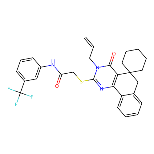 2-((3-allyl-4-oxo-4,6-dihydro-3H-spiro[benzo[h]quinazoline-5,1'-cyclohexan]-2-yl)thio)-N-(3-(trifluoromethyl)phenyl)acetamide structure