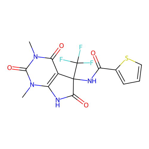 N-(1,3-dimethyl-2,4,6-trioxo-5-(trifluoromethyl)-2,3,4,5,6,7-hexahydro-1H-pyrrolo[2,3-d]pyrimidin-5-yl)thiophene-2-carboxamide structure